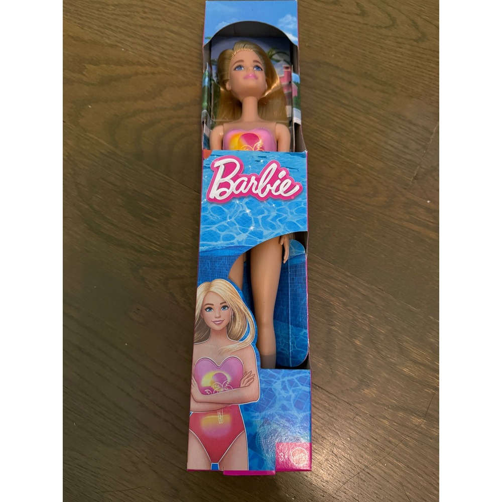 Mattel Barbie Doll Pink Tropical Palm Tree Swimsuit Blonde Hair NEW